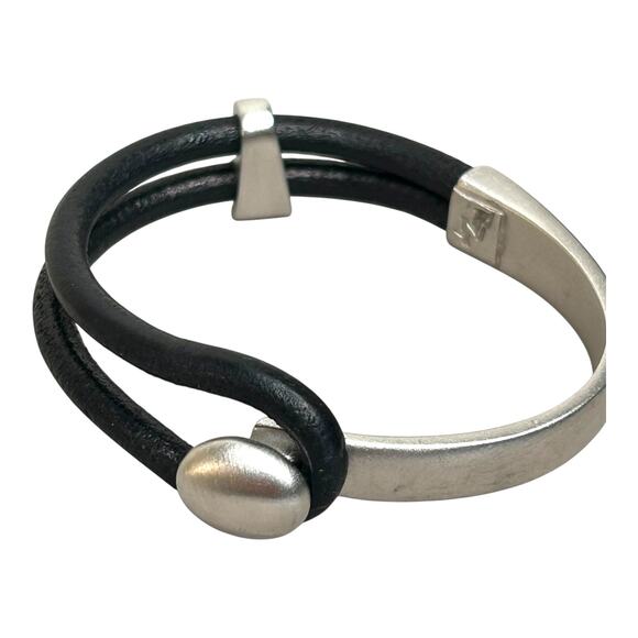 Erica Zap Platinum Plated Pewter Lasso Knob & Slide Black Leather Bracelet Mens - Picture 2 of 5